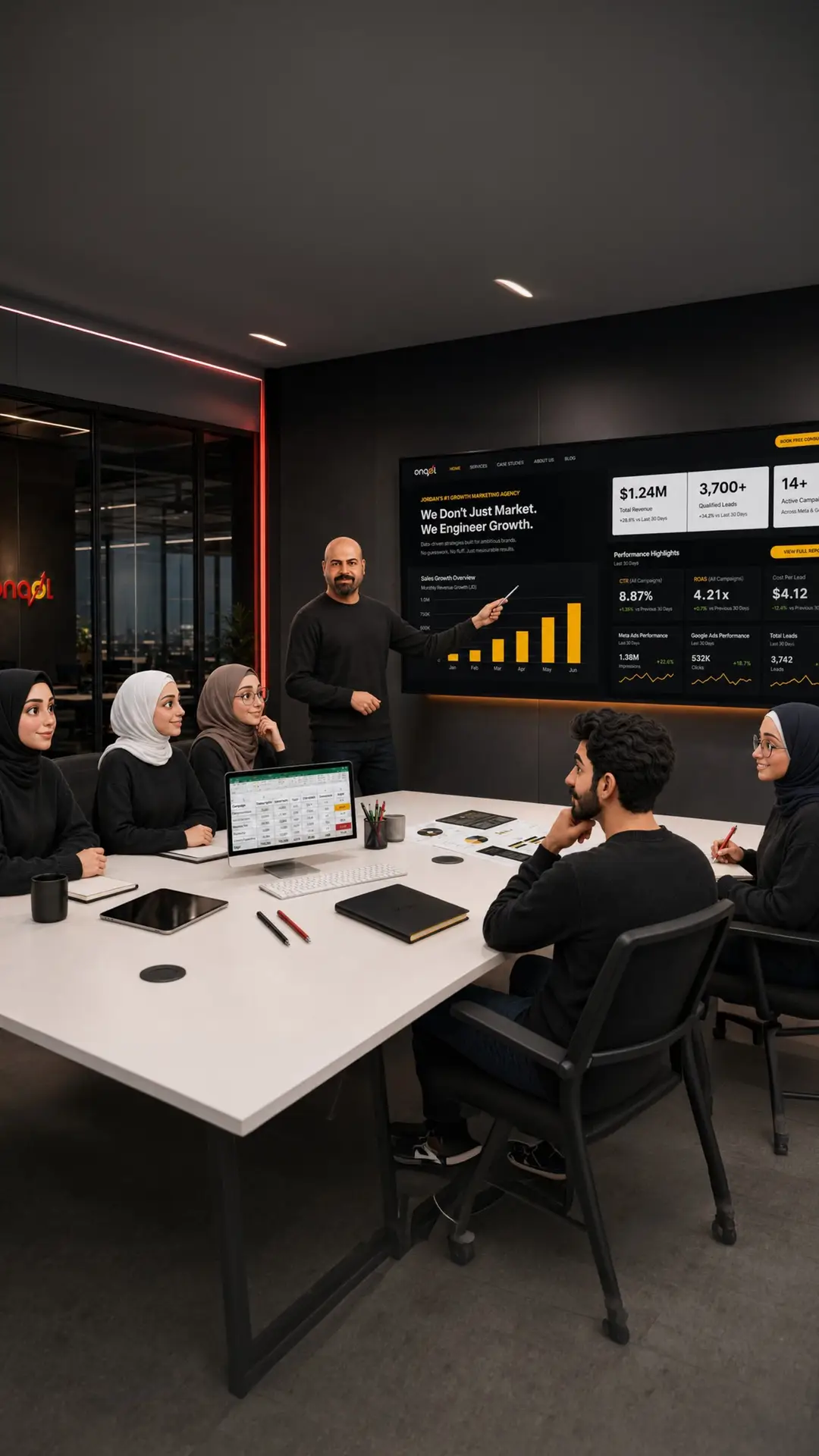Executive leading a strategy session at a growth marketing agency, presenting data dashboards with revenue growth and ROI metrics to the team in a modern boardroom.