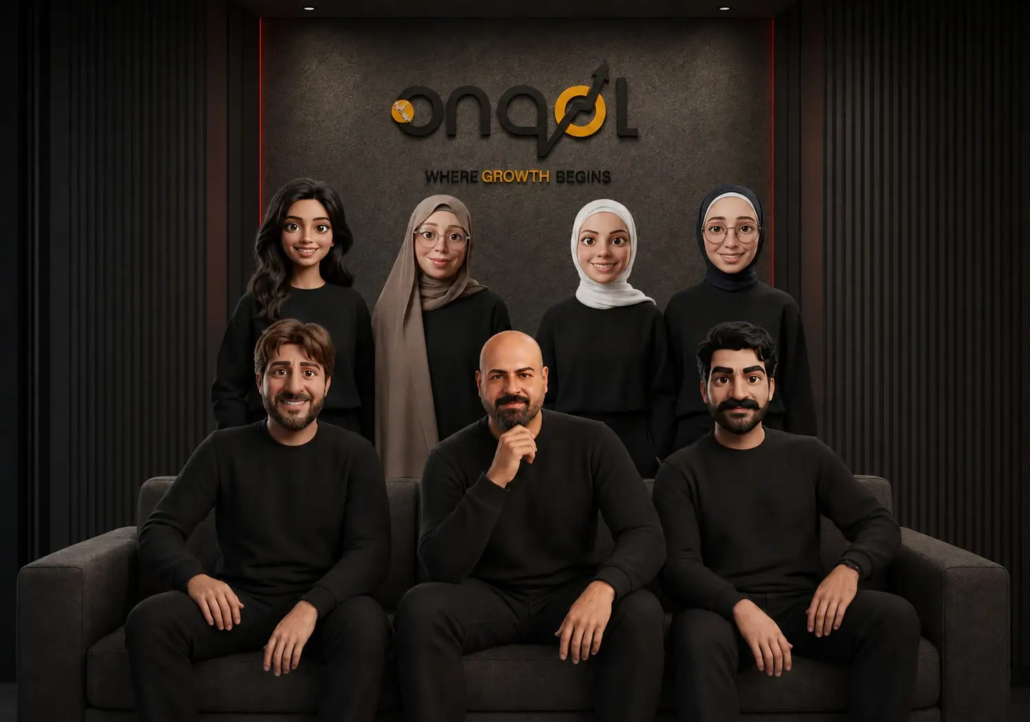 The ONQOL team in front of the Where Growth Begins wall at the agency in Amman, Jordan