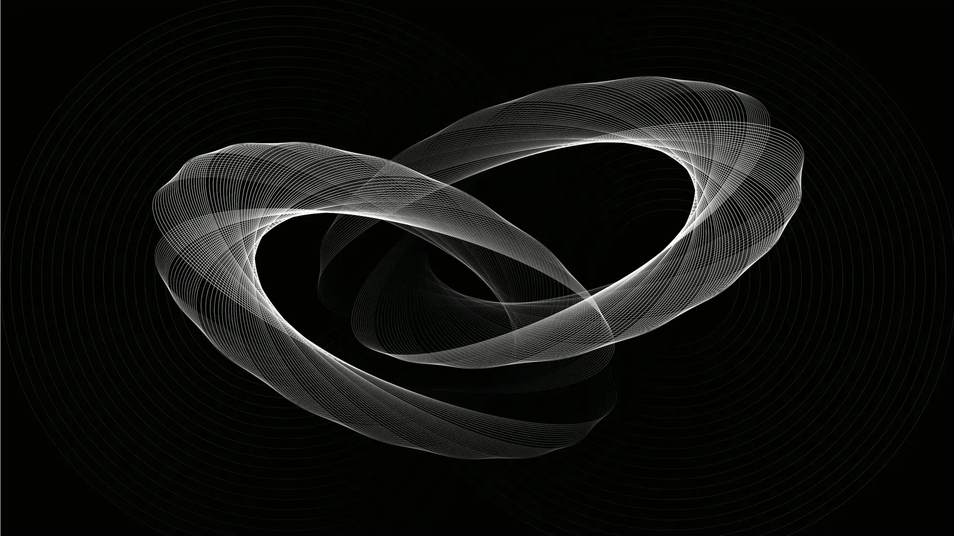 Abstract geometric shape resembling an infinity loop, constructed from flowing white wireframe lines on a black background.