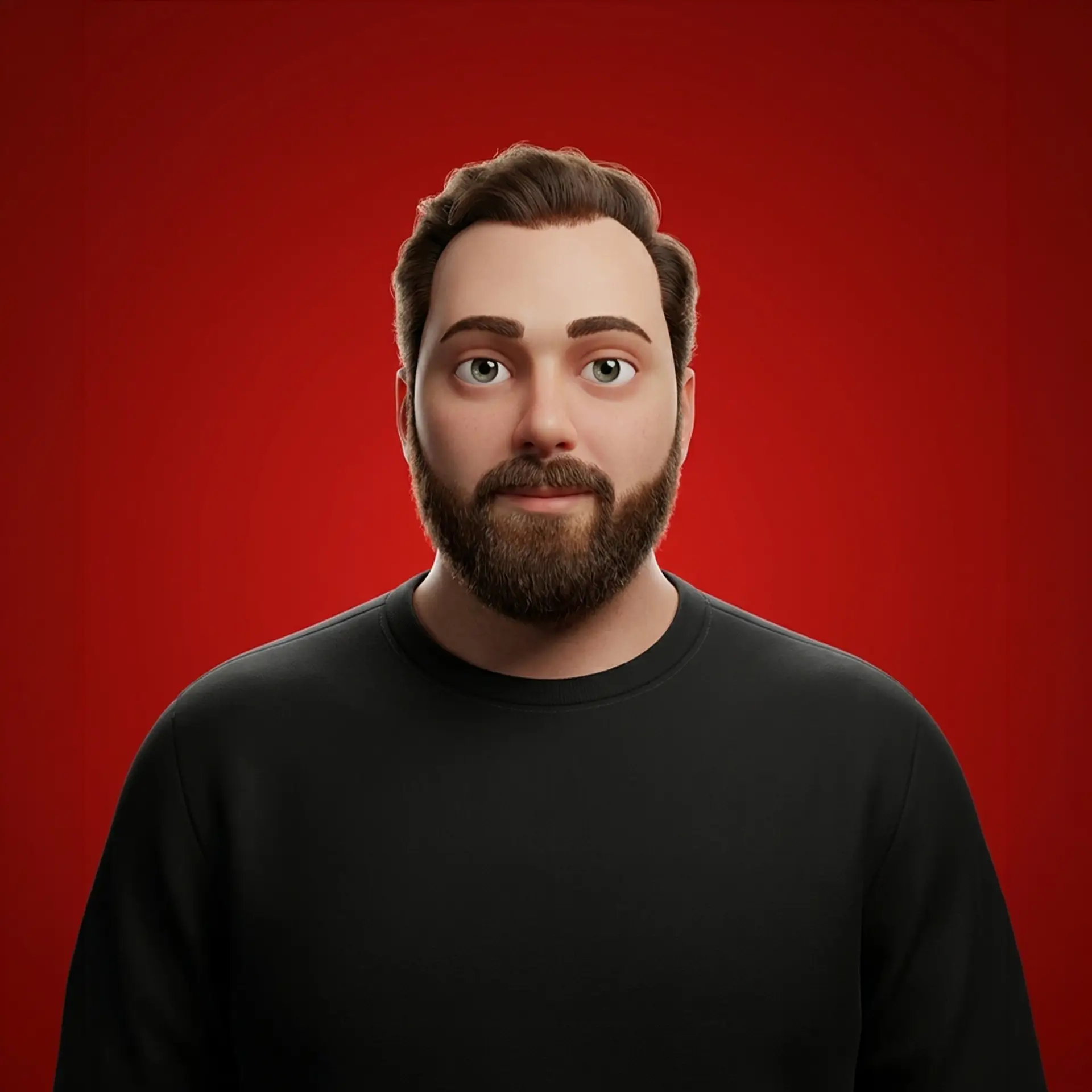 Stylized 3D character avatar portrait of Ahmad Bseiso, professional copywriter and creative writer, against a red background.