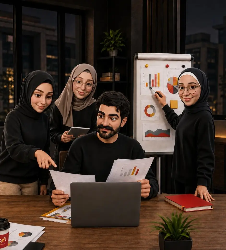 Onqol marketing team collaborating on data analytics and campaign performance charts