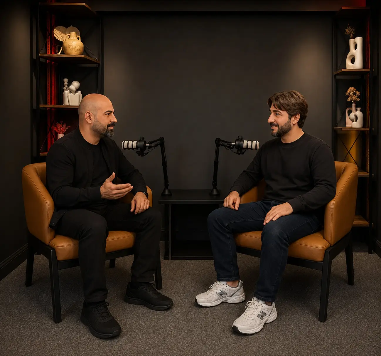 Two men in conversation during a podcast recording session at ONQOL's professional podcast studio in Amman