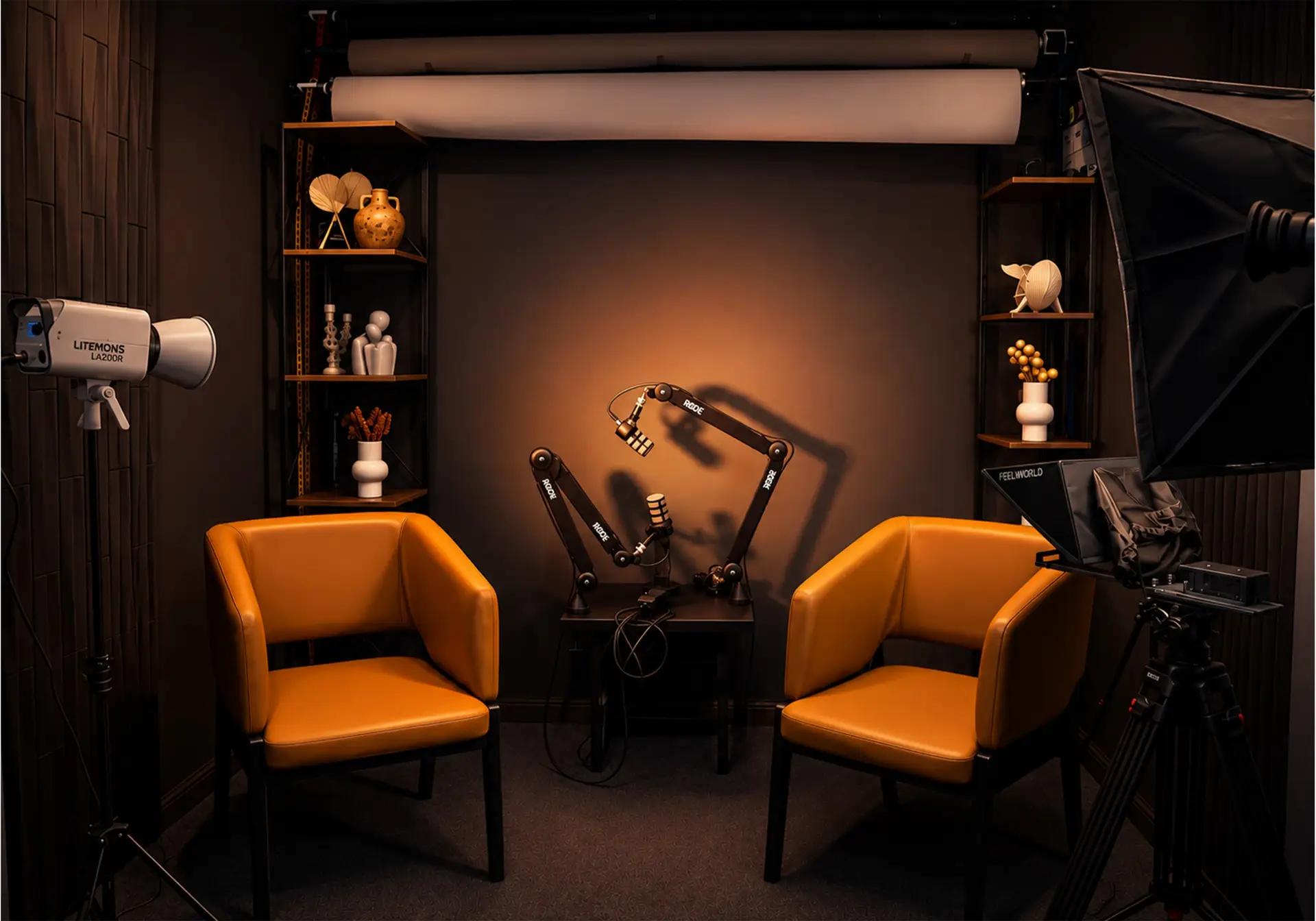 ONQOL Studio podcast set in Amman with two leather chairs, boom microphones, lights and a camera