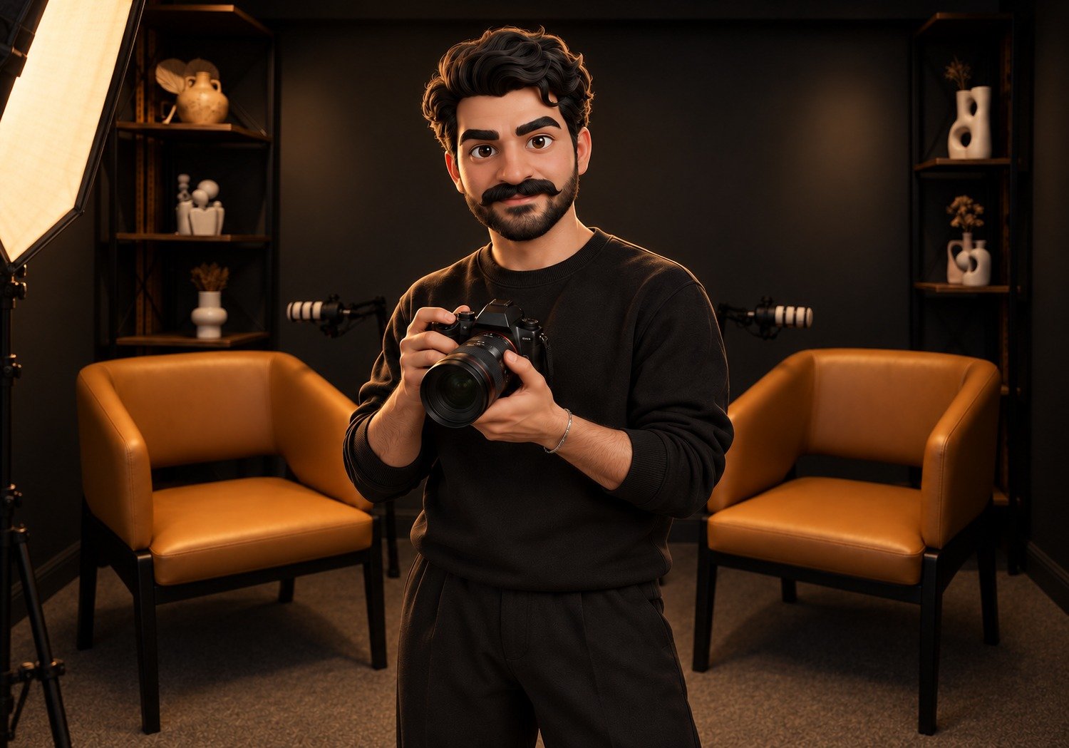 Ibrahim Talal, Web Developer at ONQOL, holding a camera on the podcast set at ONQOL Studio