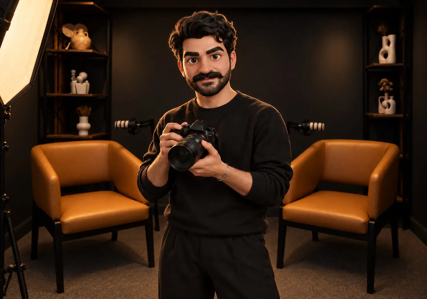 Ibrahim Talal, Web Developer at ONQOL, holding a Sony camera inside ONQOL Studio
