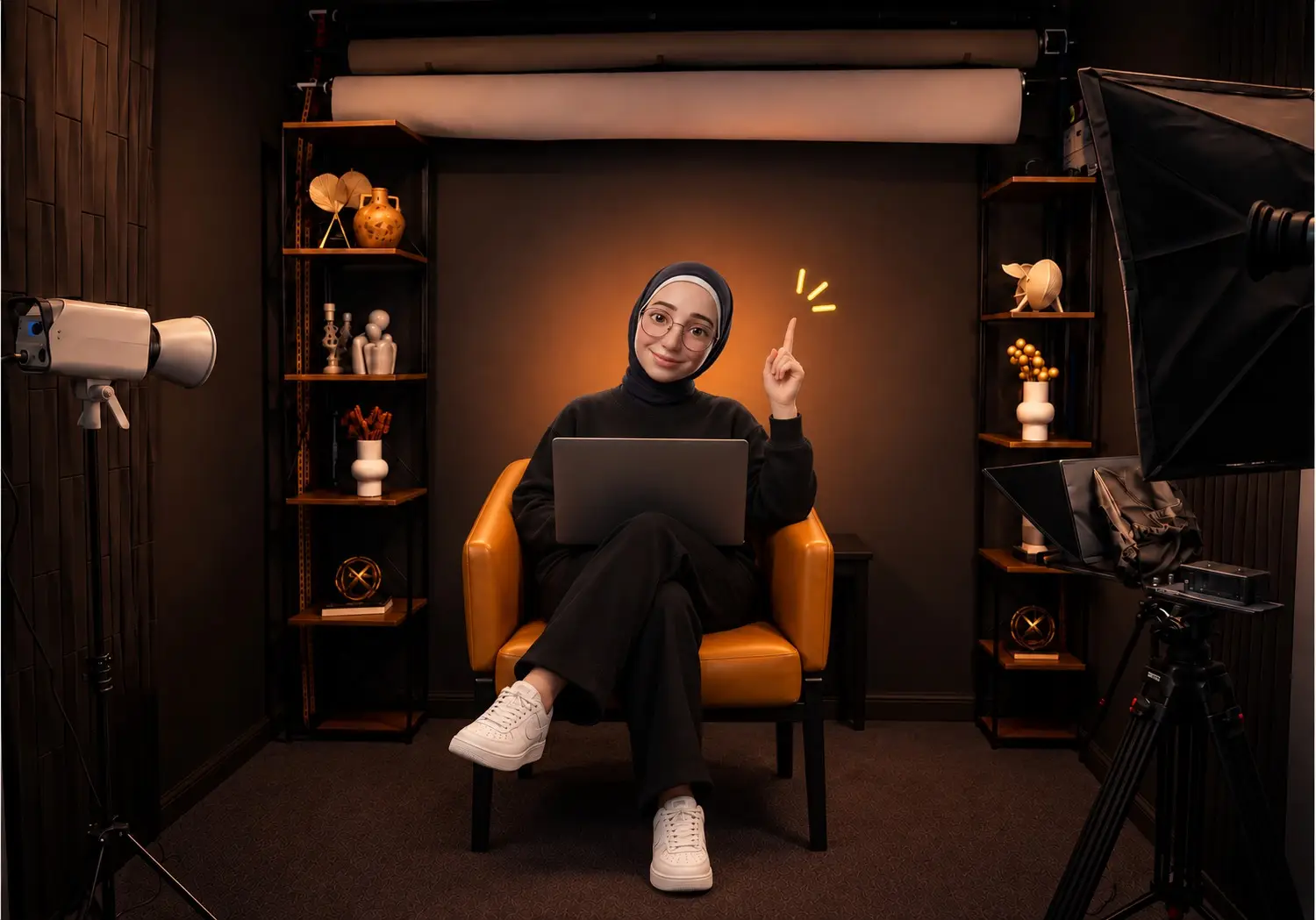 Safaa Alzaro, Senior Graphic Designer at ONQOL, sitting in a leather chair with a laptop at ONQOL Studio