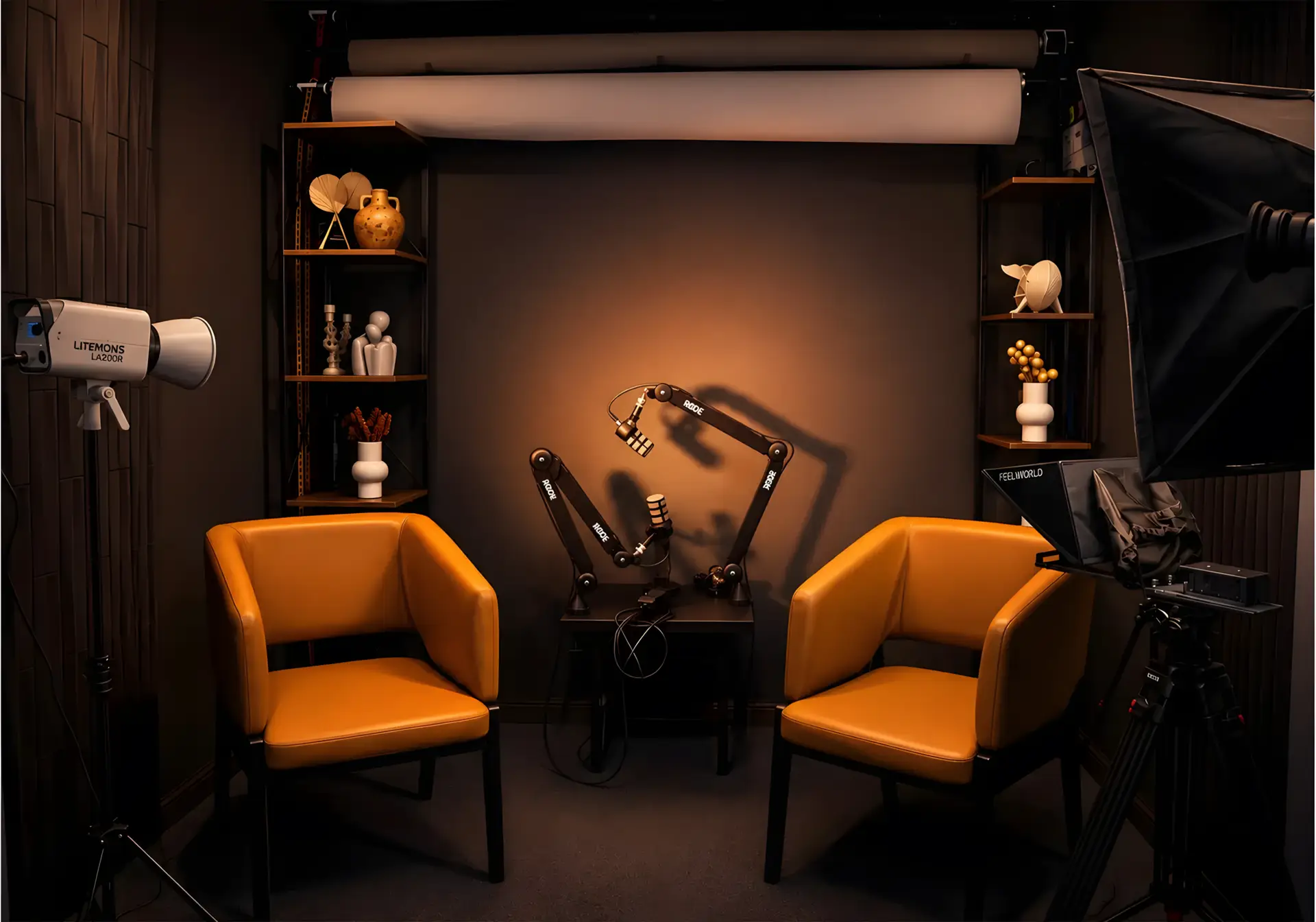 ONQOL Studio podcast set in Amman with two leather chairs, boom microphones, lights and a camera